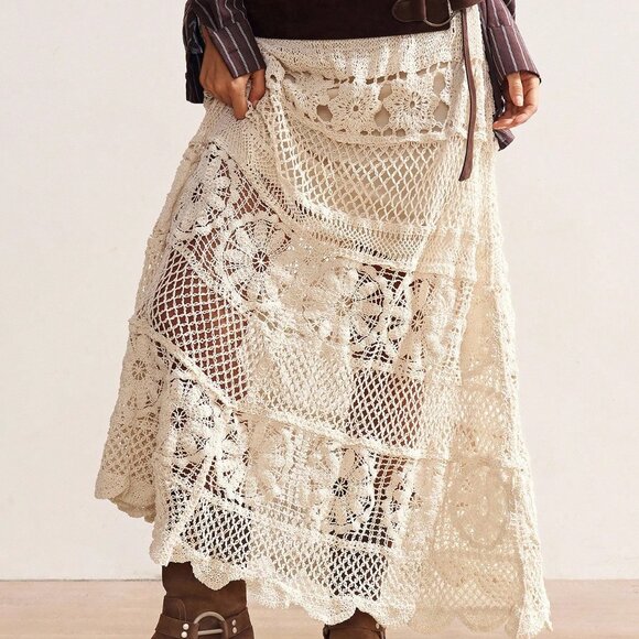 Apricot Casual Women's Boho Vacation Crochet Hollow-Out Sweater Skirt - Picture 5 of 10